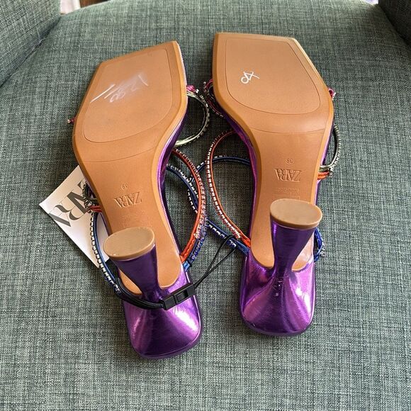 Zara Multicolor metallic purple Strappy women’s colorful Heels size us 8 NWT fun - Picture 14 of 16